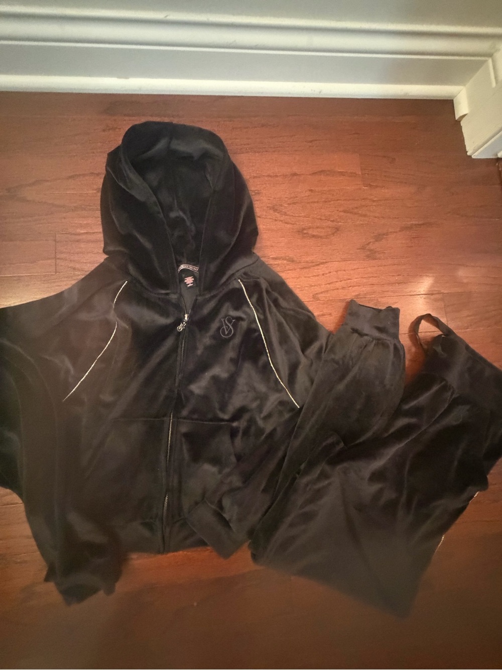Victoria Secret VS Black Velour zip hoodie matching pants Bling rhinestones